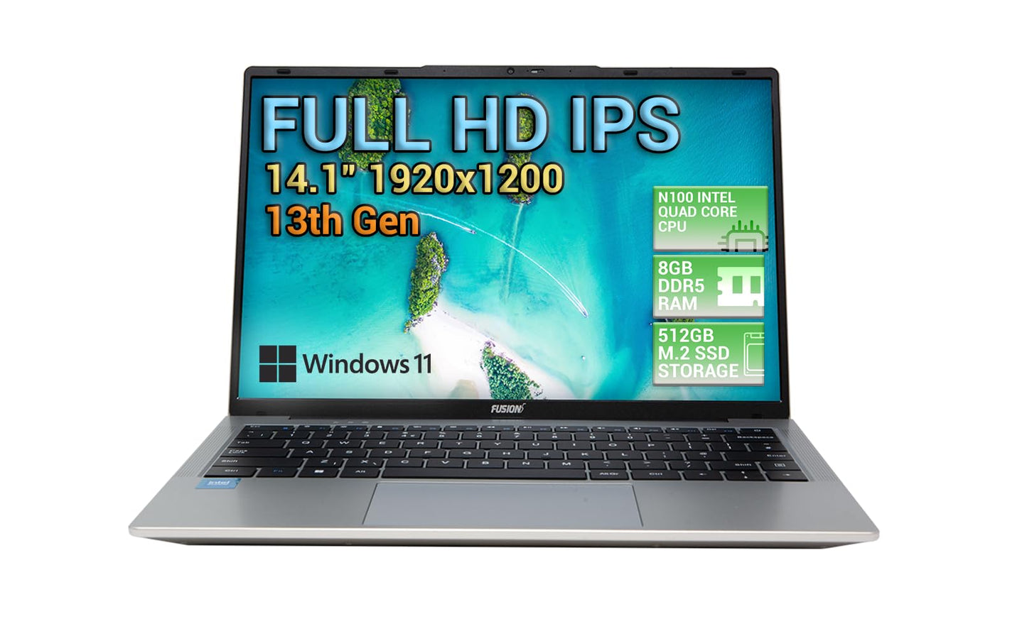 Fusion5 13th Gen 14.1" Full HD Windows 11 Laptop - 512GB M.2 SSD Storage, 8GB DDR5 RAM, T90B Pro, N100 Quad Core, Dual WiFi, USB 3.0, 2MP, Webcam, 2023 Model