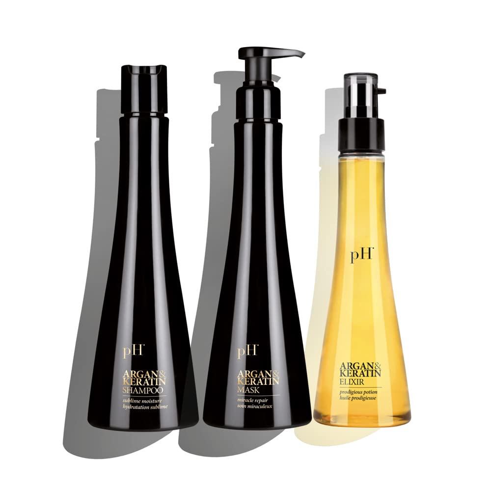 pH Labs Argan & Keratin Shampoo, Hair Mask, and Elixir Color Protecting Set - Hydrating Formula for Deep Cleansing, Lustrous Hair and Color Protection (Set of 3)
