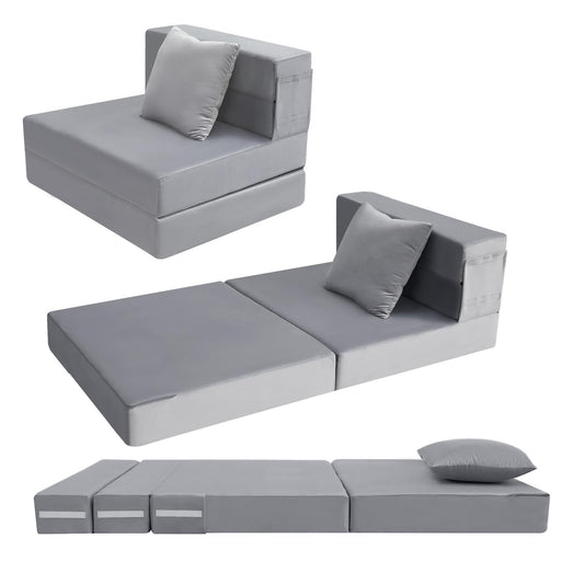 MeMoreCool Foldable Futon Chair Bed Sleeper for Adults, Twin Sofa Bed Folding Mattress 6 Inch, Fold Out Couch Bed with Pillow, Convertible Foam Floor Sofa Sleeping Tri Fold Mattress Chair (Grey)
