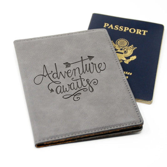 Gray Adventure Awaits Laser Engraved Passport Holder - Stylish Travel Accessory for Women