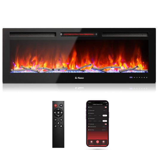 TURBRO 50” Smart WiFi Infrared Electric Fireplace with Sound Crackling and Realistic Flame, 1500W Quartz Heater, Recessed or Wall Mounted, Adjustable Flame Effects, Remote Control and App, in Flames