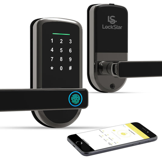 LOCKSTAR® Smart Door Lock with Handle • Keyless Deadbolt • Multiple Entry Methods – APP • Fingerprint Touch ID • Keypad Code • FOB • Traditional Key • Smart Home Devices