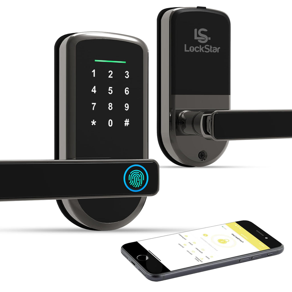 LOCKSTAR® Smart Door Lock with Handle • Keyless Deadbolt • Multiple Entry Methods – APP • Fingerprint Touch ID • Keypad Code • FOB • Traditional Key • Smart Home Devices