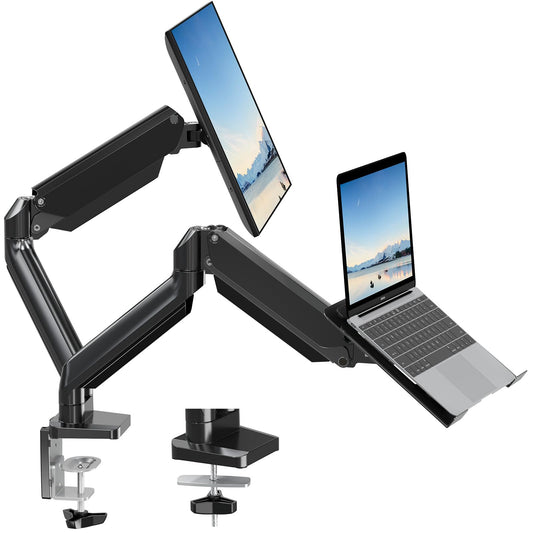 MOUNT PRO Monitor Laptop Mount Fits Max 17" Notebook and 32" Computer Screen, Adjustable Aluminum Laptop and Monitor Stand for Desk, VESA Monitor Mount with Laptop Tray, Each Arm Holds up to 17.6lbs