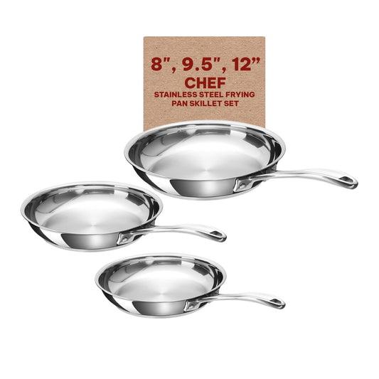 Alva Chef Non Toxic Cookware Bundle - Stainless Steel Frying Pan Skillet Set - Versatile Induction & Electric Cookware, Dishwasher Safe - Includes 12 Inch, 9.5 Inch, 8 Inch Skillets