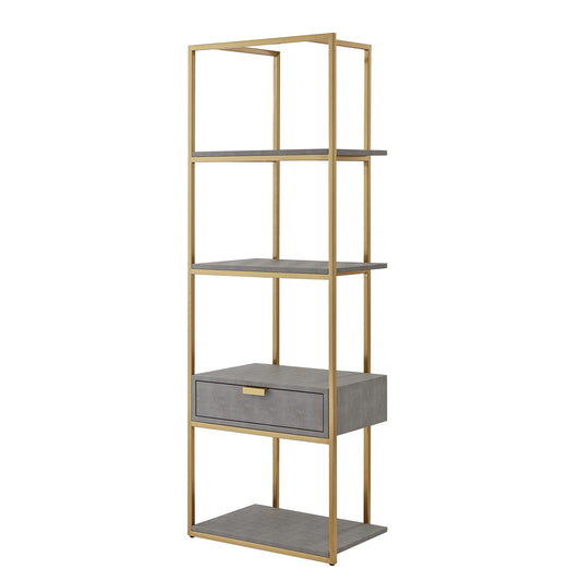 Nicole Miller Abdiel Bookshelf, w/ Gold Frame, Faux Shagreen Bookcase w/ 1 Drawer & 3 Shelves, Gray