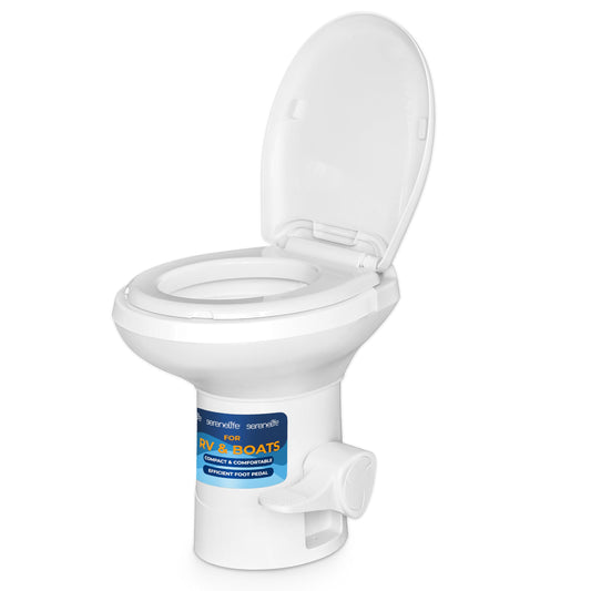 SereneLife RV Boat Marine Toilet, Gravity Flush T Foot Pedal Operation, T-Type Water Outlets, Easy Install and Easy Clean, Perfect for Camping Rv’s and Boats, Odorless Design