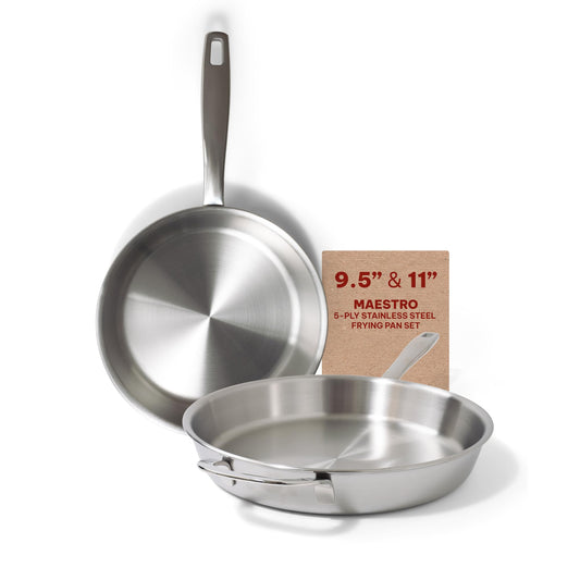 Alva Maestro 5-Ply Stainless Steel Frying Pan Bundle - Nonstick, Non-Toxic, Induction Safe, Stay Cool Handle, Durable Cookware, Includes 9.5" & 11" Skillets