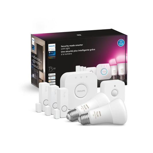 Philips Hue Secure Starter Kit - Includes 3 Secure Contact Sensors (White), 1 Indoor Motion Sensor, 1 Bridge, 2 White & Color Ambiance Smart Bulbs - Easy to Install, Works with Hue App