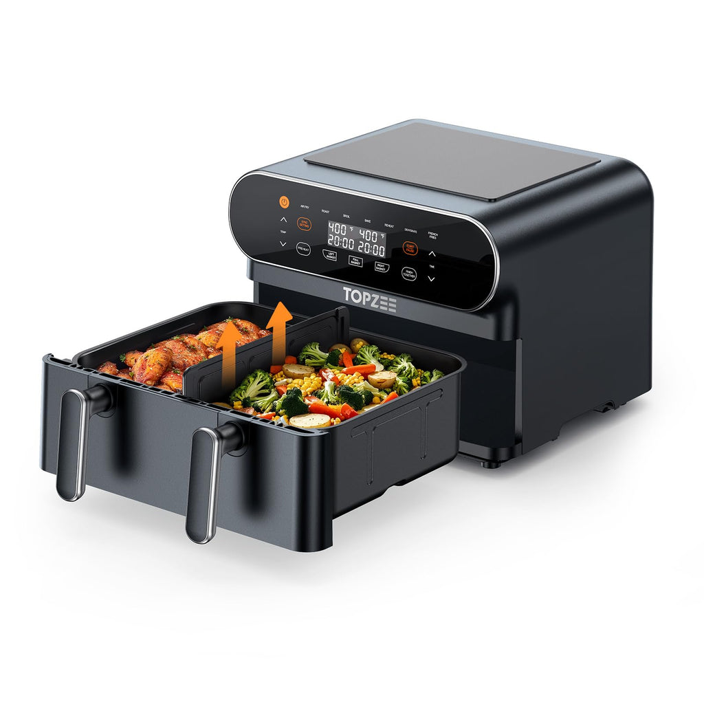 TOPZEE 11-QT Large Air Fryer - 8 in 1 XL Airfryer with Flex Basket, Divider for Dual Cooking, Preheat, Air Fry, Roast, Broil, Bake, Reheat, Dehydrate, French Fries Dishwasher Safe, Gray