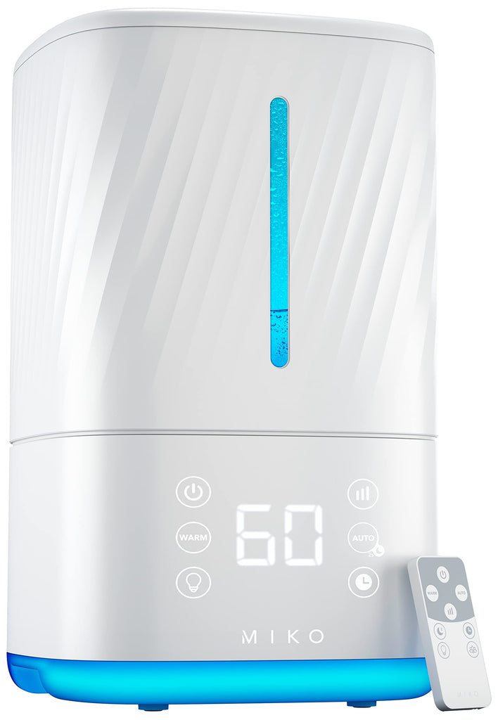 MIKO Humidifier With Cool and Warm Mist, Ultrasonic Humidifiers for Large Room & Bedroom- Water Filter, Auto Mode, No Leak Design, Sleep Mode, Built-in Timer, Humidifier for Babies & Home