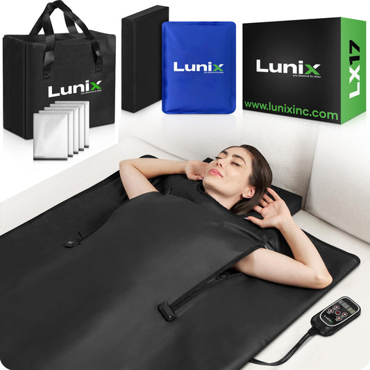 LX17 Far-Infrared Portable Sauna Blanket - Adjustable Temperature (77°F-176°F), Extra-Large, Low EMF Design - Home Detox, Pain Relief, Muscle Recovery - with Head Pillow, Detox Wrap, Hot/Cold Gel Pack