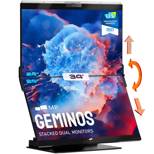 Mobile Pixels Geminos Dual 24" FHD Stacked Desktop Monitors with 1080P Webcam&Speakers, 100W USB-C Charging, All-inclusive HDMI/USB A/USB C Infinitely Adjustable Computer Monitor (2 Monitors)