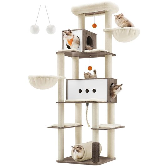 Feandrea Cat Tree, 77.5-Inch Tall Modern Cat Tower for Large Indoor Cats, Multi-Level Cat Condo with 2 Caves, 2 Hammocks, 4 Scratching Posts, Self-Groomer, Tunnel, Perch, Heather Greige UPCT193G01