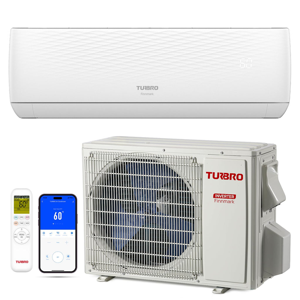 TURBRO 18,000 BTU Ductless Mini Split AC with Heat Pump, Inverter Compressor, 19 SEER2, 230V, R32 Refrigerant, Pre-charged Evaporator, WiFi-Enabled, Works with Alexa, AHRI Certified, Finnmark Series