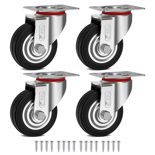 GBL Heavy Duty Castors + Screws - 75mm - Up to 200kg - Set of 4 Silent Casters Without Marks for Furniture - Rubber Covered Trolley Wheels - Silver Castors