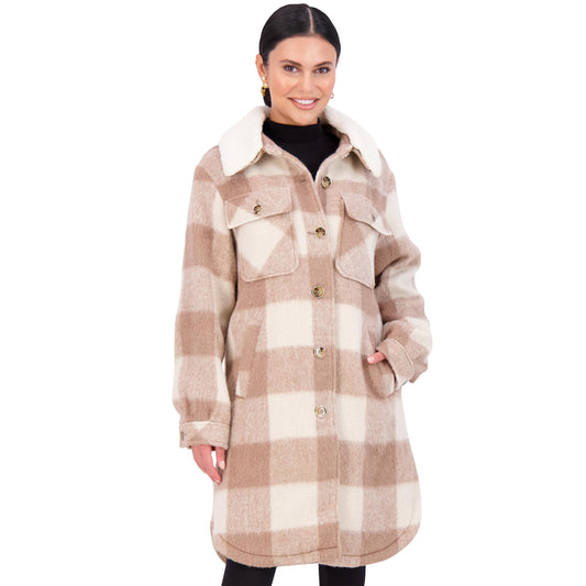 Vince Camuto Removable Fleece Collar Shacket Womens Jacket Winter Coat for Women, Dusty Camel Plaid -L