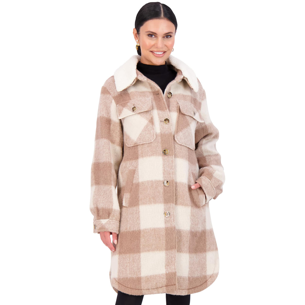 Vince Camuto Removable Fleece Collar Shacket Womens Jacket Winter Coat for Women, Dusty Camel Plaid -L