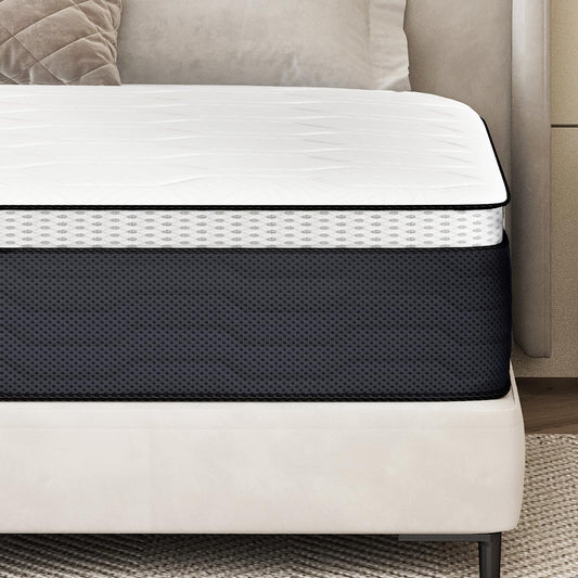 Queen Mattress 14 Inch, Queen Mattresses Hybrid Spring Mattress in a Box, Queen Size Foam Innerspring Mattress with Motion Isolation & Pressure Relief for Queen Bed Frames, Medium Soft, White Grey