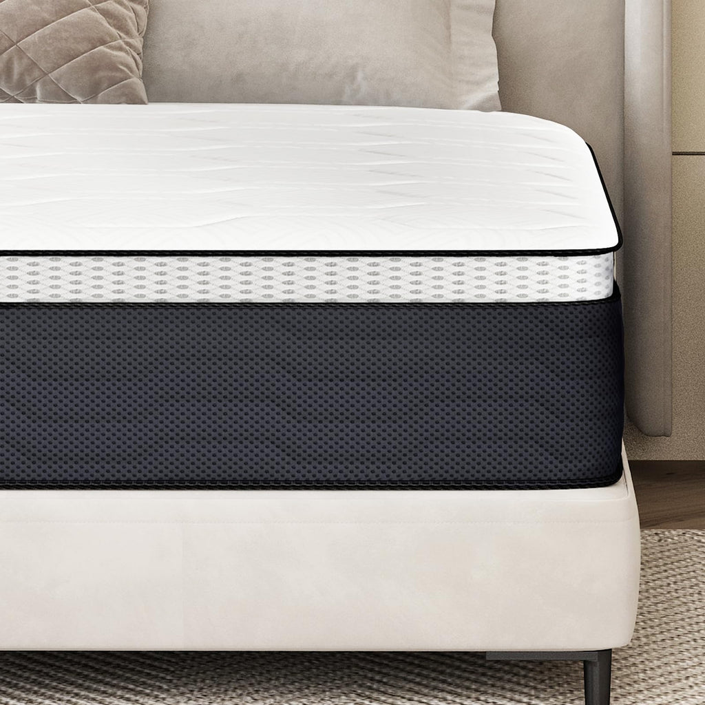 Queen Mattress 14 Inch, Queen Mattresses Hybrid Spring Mattress in a Box, Queen Size Foam Innerspring Mattress with Motion Isolation & Pressure Relief for Queen Bed Frames, Medium Soft, White Grey