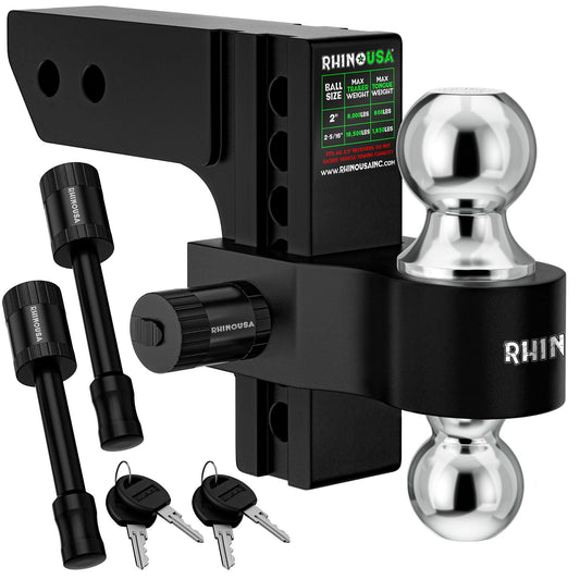 Rhino USA Adjustable Trailer Hitch (Fits 2-Inch Receiver) - Heavy Duty Aluminum Tow Hitches with 6-Inch Drop/Rise for Truck (12,500 LBS GTW) - Weatherproof Double Anti-Theft Locking Hitch Pins (Black)