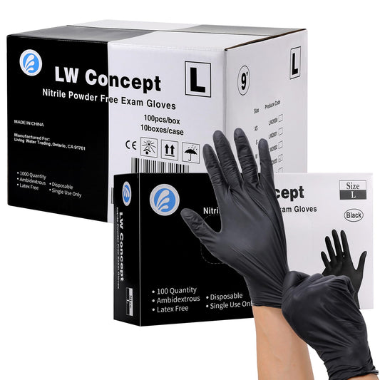 LW Concept Black Medical Nitrile Examination Gloves - Latex & Powder-Free, Disposable, Ultra-Strong, Healthcare, Food Handling Use (Large, Case of 1000)