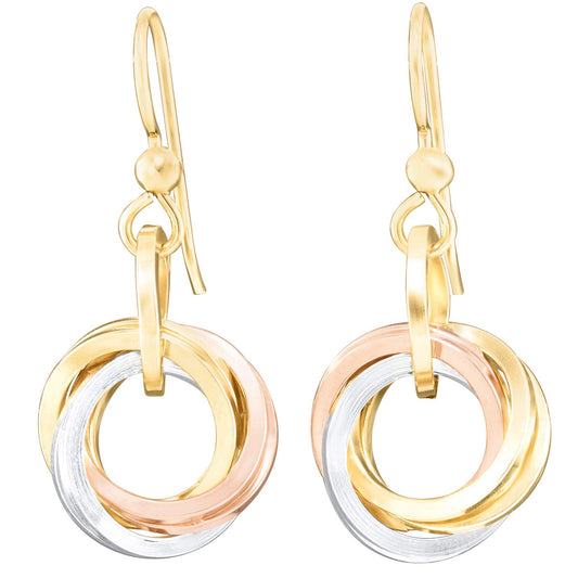 Tricolor Love Knot Everyday Dangle Earrings with 925 Sterling Silver and 14K Yellow and Rose Gold-Filled Circles Unique Three Tone Jewelry Gift Idea for Women