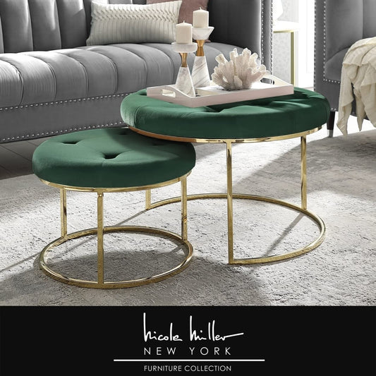 Nicole Miller Carlotta Ottoman - Nesting | Green/Chrome Velvet