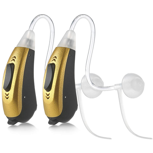 Mini BTE Slim Tube Digital Hearing Amplifier Pair - 2-Tone Battery Operated Personal Sound Device Set with 4 Programable Settings - Lightweight & Comfortable for Daily Use for Adult Elderly & Seniors