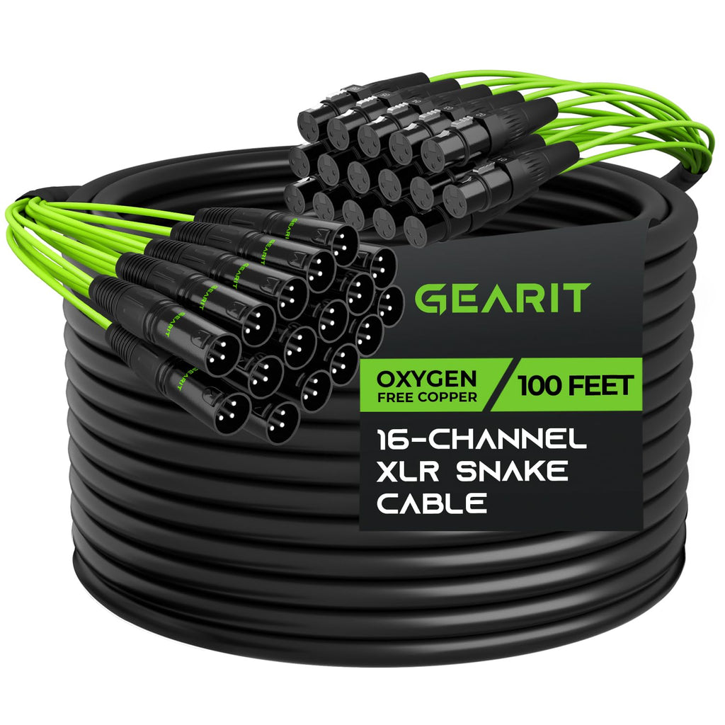 GearIT 16-Channel XLR Snake Cable (100 ft) - 100% Oxygen-Free Copper Snake Wire, Channel Labels, Metal XLR Connectors for Pro Audio - 100 Feet