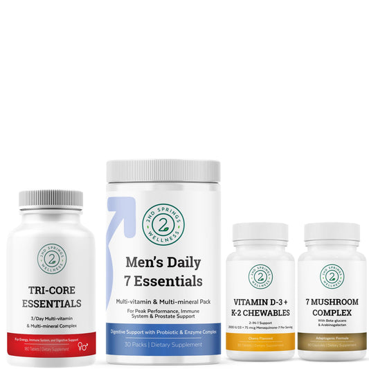 2nd Springs Tri-Core Essentials + Men's Daily 7 Essentials + 7 Organic Mushroom Complex + Vitamin D3+K2 Bundle