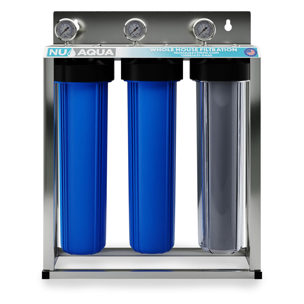 Nu Aqua 3 Stage Whole House Water Filter System w/Pressure Gauges - 20” x 4.5” TDS Reducing Home Filtration - Sediment, Granular Carbon, Carbon Block
