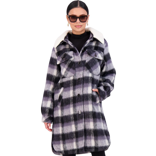 Vince Camuto Removable Fleece Collar Shacket Womens Jacket Winter Coat for Women, B&W Plaid-XXL