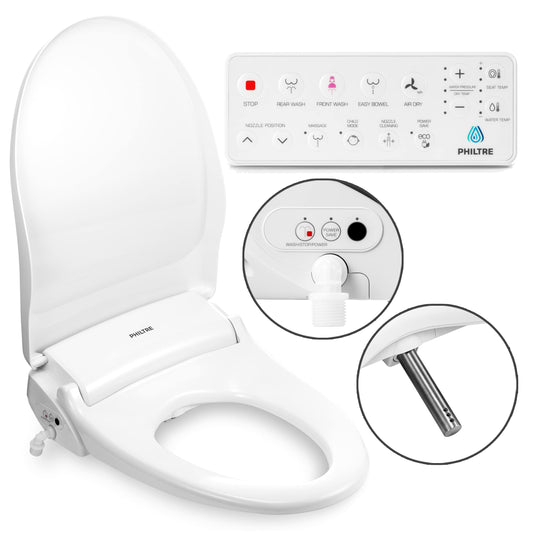 Bidet Attachment for Toilet with Warm Water, Heated Bidet Toilet Seat, Dryer, All-Stainless Steel Nozzle, and Full Function Remote Control - Saves Toilet Paper and Prevents Toilet Clog (Elongated)