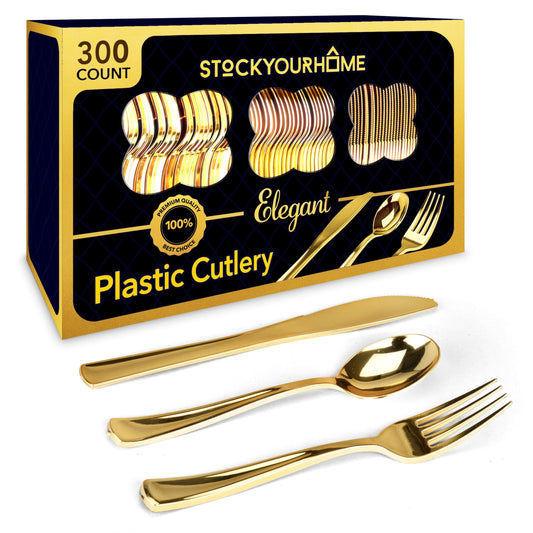 Gold Plastic Silverware Set (300 Bulk Pack) Disposable Cutlery Utensils,100 Gold Forks,100 Gold Knives, 100 Gold Spoons, Heavy Duty Flatware For Holidays, Parties, Dinners, Weddings, and Occasions