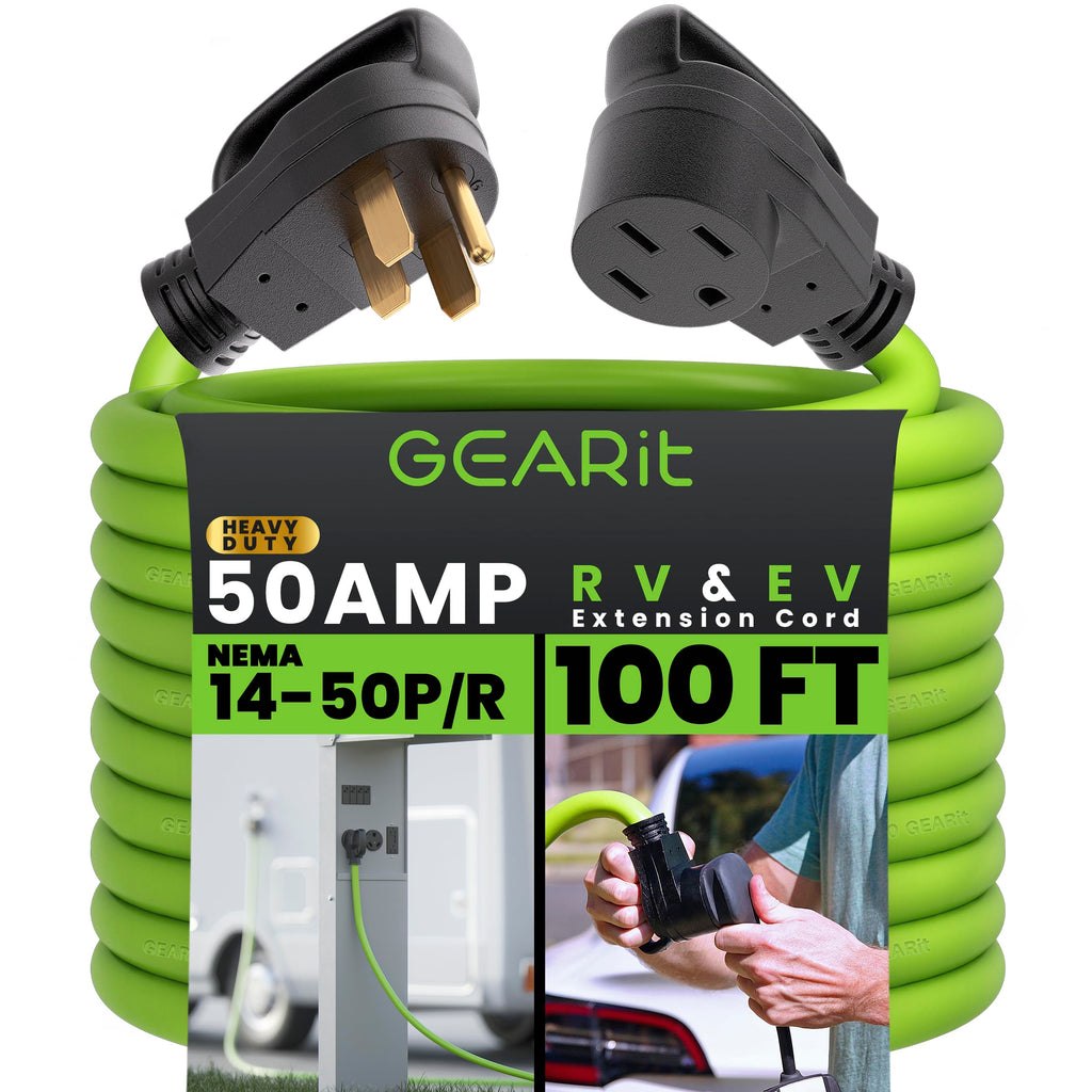 GearIT 50-Amp Extension Cord for RV and EV (100 Feet) 4-Prong 250-Volt, Tesla Model 3/S/X/Y, NEMA 14-50P to 14-50R 6/3, 8/1 STW AWG Gauge Outdoor Auto Power Cord