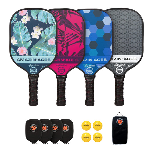 Amazin' Aces Signature Pickleball Paddles Set of 4, Pickleball Rackets w/ 4 Pickleball Outdoor Balls, 4 Pickleball Paddle Covers & 1 Pickleball Bag, for Sports & Outdoors Fun, USAPA Approved