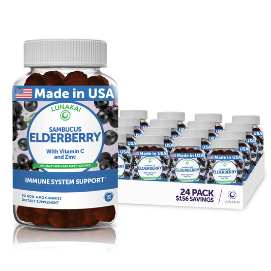 Lunakai Sambucus Elderberry Gummies with Zinc & Vitamin C for Adults & Kids - 100mg Black Elderberry Immune Support Supplement - Vegan, Non-GMO, No Corn Syrup, Elderberry Vitamins - 24 Pack