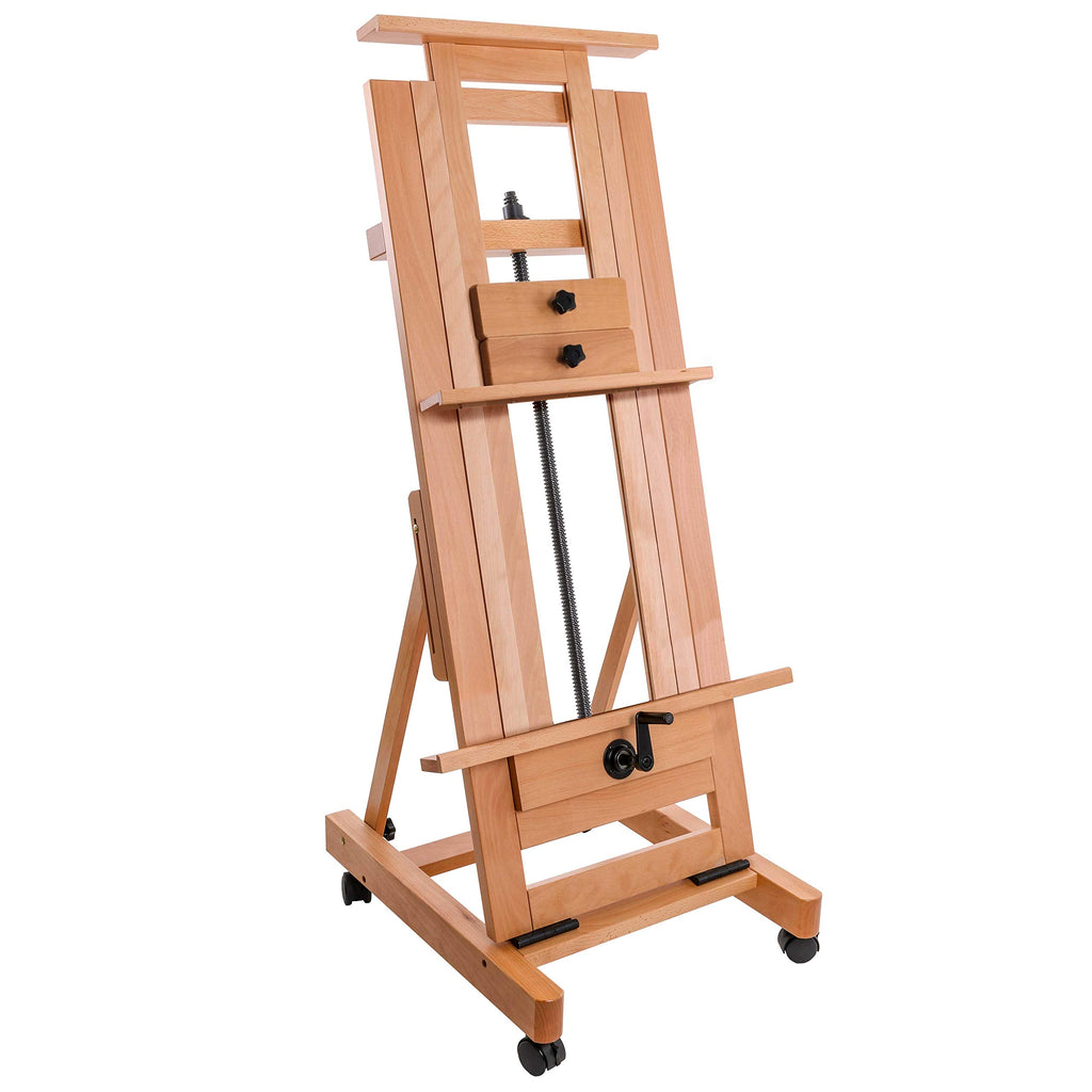 U.S. Art Supply Double Rocker Crank Heavy Duty Extra Large Wooden Studio Floor Easel - Sturdy Double Mast Adjustable H-Frame - Beech Wood Artist Painting Canvas Holder Stand - Locking Caster Wheels