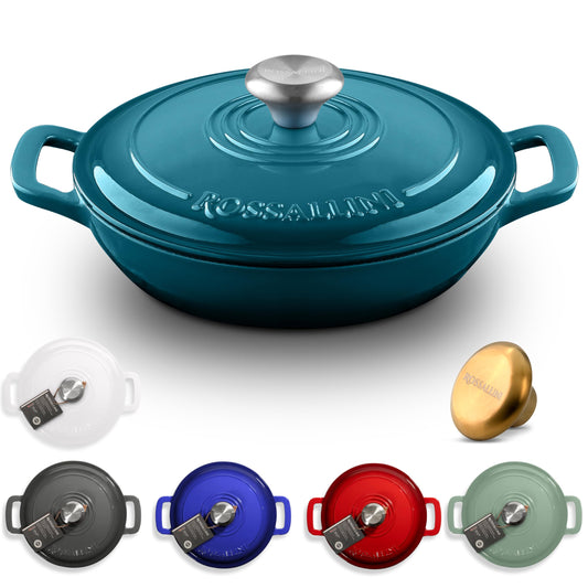 ROSSALLINI Signature Enameled Cast Iron Braiser, Non-Stick Serving Pot with Tight Fitting Lid for Perfect Roasting, Baking, Sauteing, Searing, and Pan Frying | 5Q (4.7L) - Ocean Blue