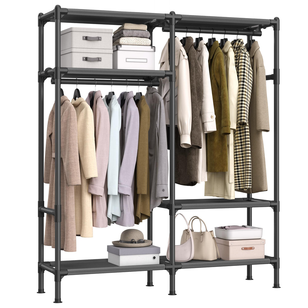 SONGMICS Heavy Duty Clothes Rack, 65 Inch Freestanding Portable Wardrobe with Hanging Rails and Shelves, Total Load 242 lb, Easy Assembly, for Cloakroom, Bedroom, Black URDR201B02