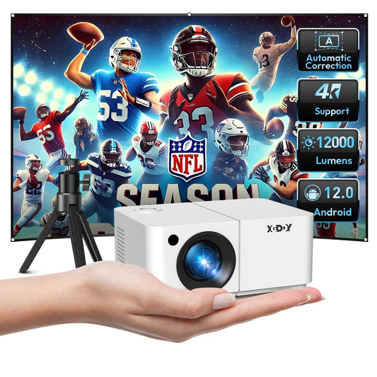 Mini Smart Projector, XGODY X2 Android 12 Portable HD Projector 12000L 1080P Support with WiFi and Bluetooth, Electric Focus/Keystone, Built-in Netflix, YouTube 8000+ APP, Tripod Included(Pearl White)