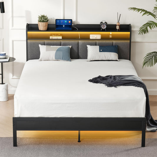 Z-hom Upholstered King Size Bed Frame, Upgraded King Bed Frame with LED Lights Headboard & Footboard, King Platform Bed Frames Bedroom Furniture with Charging Station & Storage Shelves, Noise Free