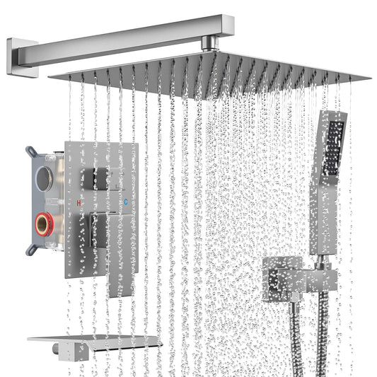 USHOWER 10 Inch Shower System with Tub Spout, High Pressure Shower Heads with Handheld Spray Combo, Wall Mounted Bathtub Shower Faucet Set, Brushed Nickel (With Shower Valve)
