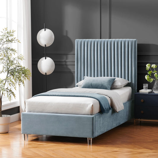 Inspired Home Alanis Platform Bed Upholstered Deep Channel Tufted Design Clear Acrylic Legs Slats Included No Box Spring Needed Velvet Slate Blue