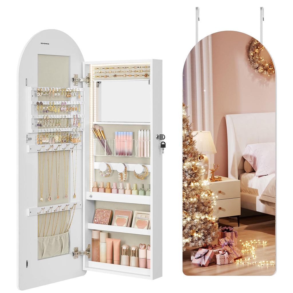SONGMICS Wide Jewelry Organizer, LED Jewelry Cabinet Wall/Door Mounted, Arched Mirror with Storage, Lockable, Rounded Corner, Interior Mirror, Christmas Gifts,3.9 x 16.5 x 42.5 Inches, Cloud White