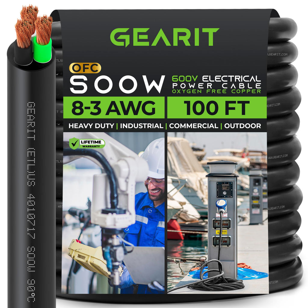 GearIT 8/3 8 AWG Portable Power Cable (100 Feet - 3 Conductor) SOOW 600V 8 Gauge Electric Wire for Motor Leads, Portable Lights, Battery Chargers, Stage Lights and Machinery -100ft Electrical Cord