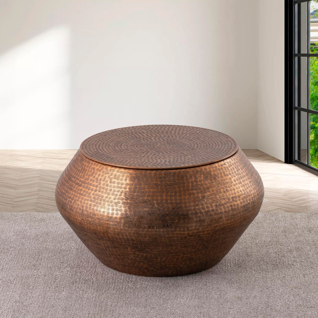 Albany Living Cylindrical Aluminum Hammered Metal CoffeeTable with Removable Lid for Storage, Copper