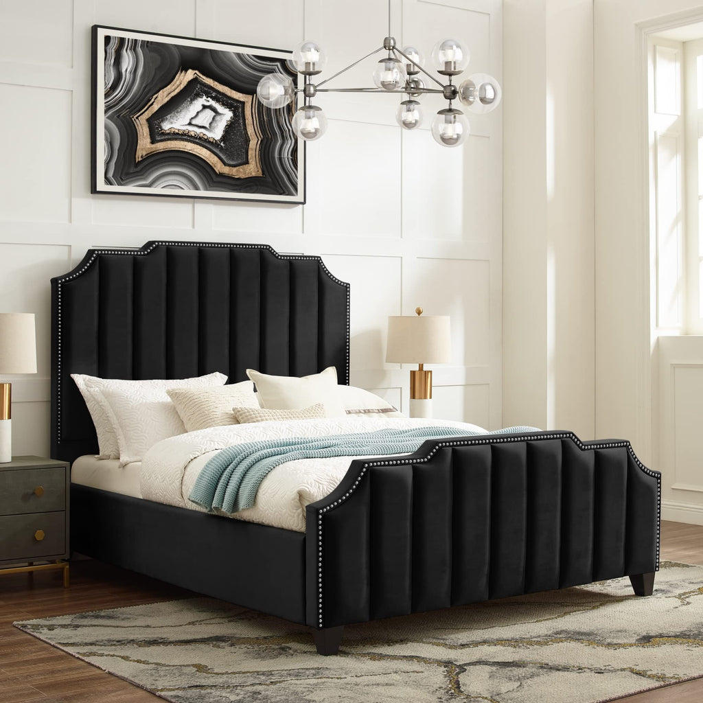 Inspired Home Poppy Platform Queen Bed, Velvet, Channel Tufted with Silver Nailhead Trim, Black