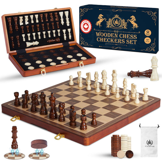 ECOCRAFTER 15'' 2 in 1 Wooden Magnetic Chess and Checkers Set (2 Extra Queens, Foldable Board & Cotton Storage Bag) Magnetic Chess Sets for Adults with Color Gift Box, Handmade Checkers Board Game